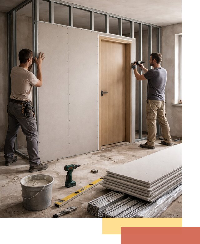 Перегородка из гипсокартона с дверью под ключ в соколе