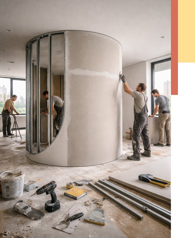 Радиусная перегородка из гипсокартона в соколе от 3022 руб. под ключ | ОТДЕЛОЧНИК-Скл