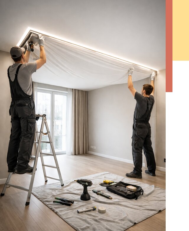 Монтаж парящего натяжного потолка в соколе от 4689 руб. быстро и недорого | ОТДЕЛОЧНИК-Скл