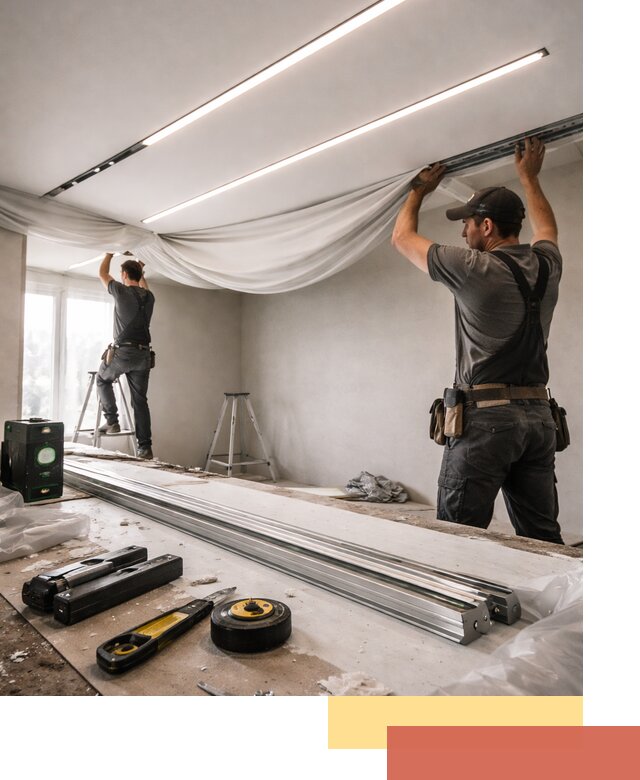 Монтаж натяжных потолков со световыми линиями в соколе