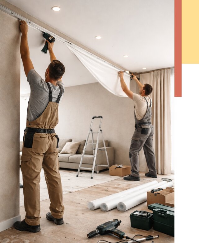 Монтаж натяжного потолка в гостиной в соколе от 573 руб. | ОТДЕЛОЧНИК-Скл