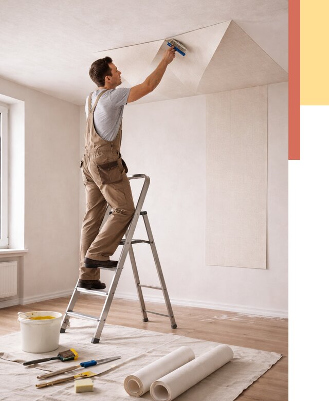 Поклейка обоев на потолок в соколе от 4689 руб. быстро и недорого | ОТДЕЛОЧНИК-Скл